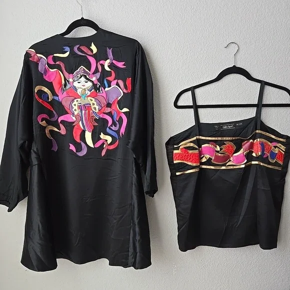 80s Silk Kimono Jacket & Top L Geisha Art To Wear 2pc RARE Colorful Della-Sport - Picture 1 of 12